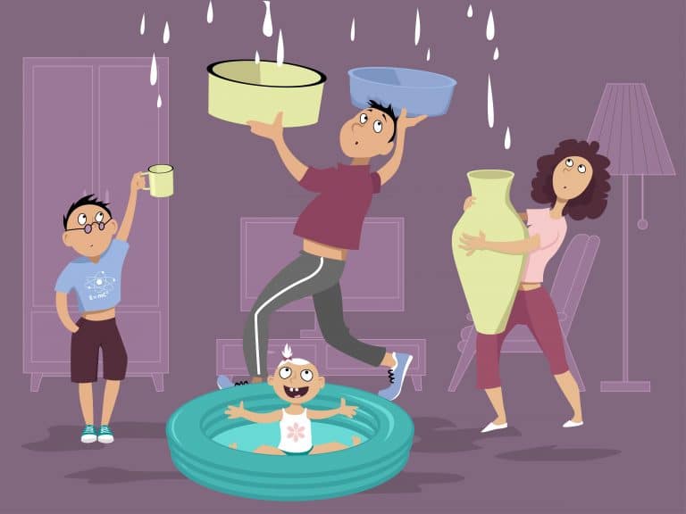 Cartoon of four family members catching water from a leaky roof