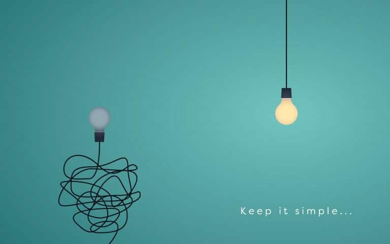 Illustration of two light bulbs. Light bulb on left side is dim with tangled wires, and the bulb on the right is brightly lit with no tangles, with the phrase "keep it simple" underneath