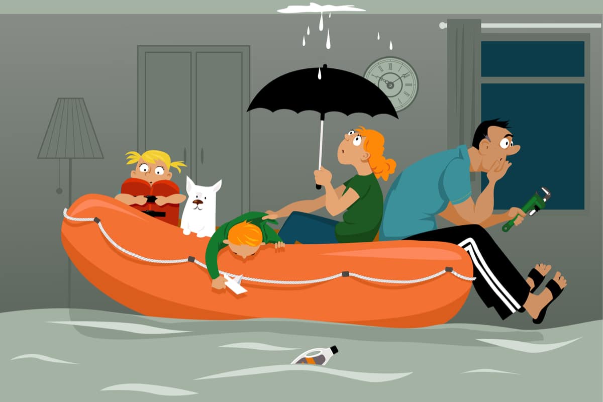 Family of four and their dog using a raft to float in a flooded house with a leaky roof