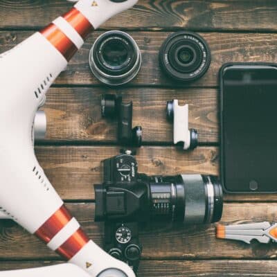 view of drone and camera equipment on table from above