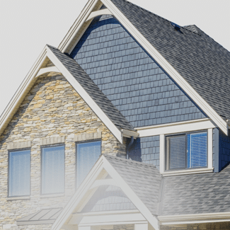 Two-story house illustration with blue, wooden and brown stone exteriors