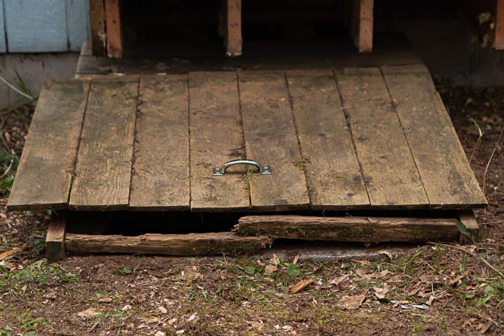 Old, wooden hatch to a small crawlspace, showing signs of age and crawlspace safety concerns.