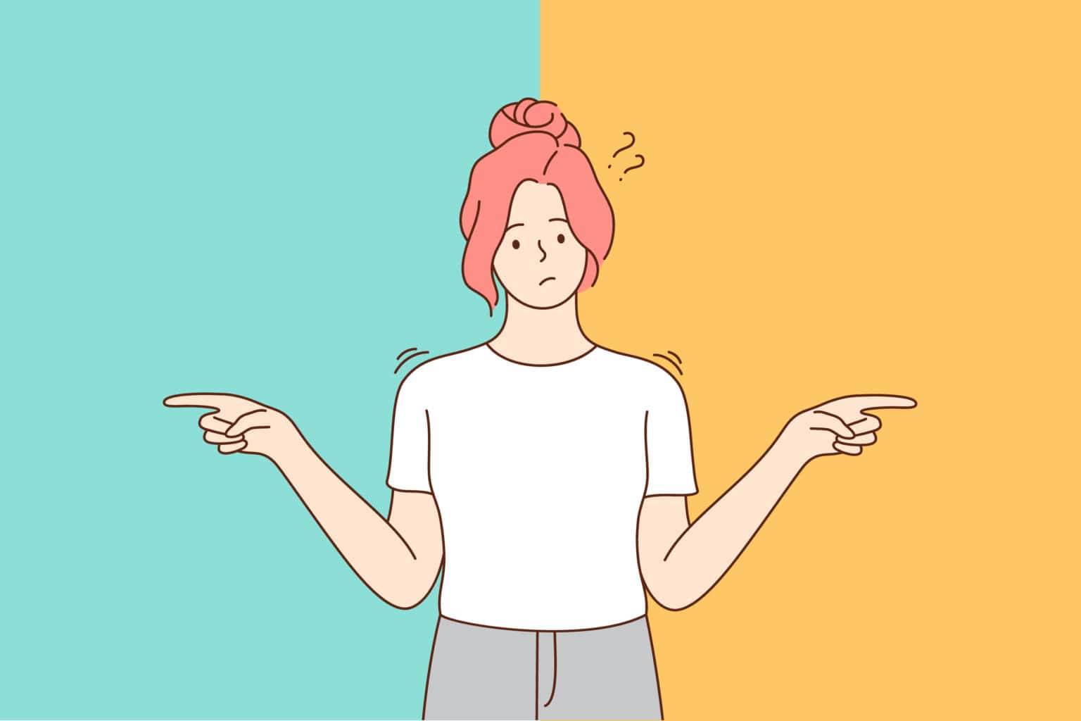 Drawing of woman with light skin, pink hair in a bun, wearing white t-shirt and grey pants. Pointing to left and right with hands, question marks above face, suggesting dilemma between insurance vs. bonds
