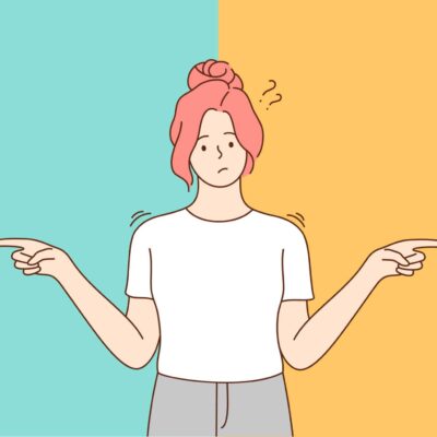 Drawing of woman with light skin, pink hair in a bun, wearing white t-shirt and grey pants. Pointing to left and right with hands, question marks above face, suggesting dilemma between insurance vs. bonds