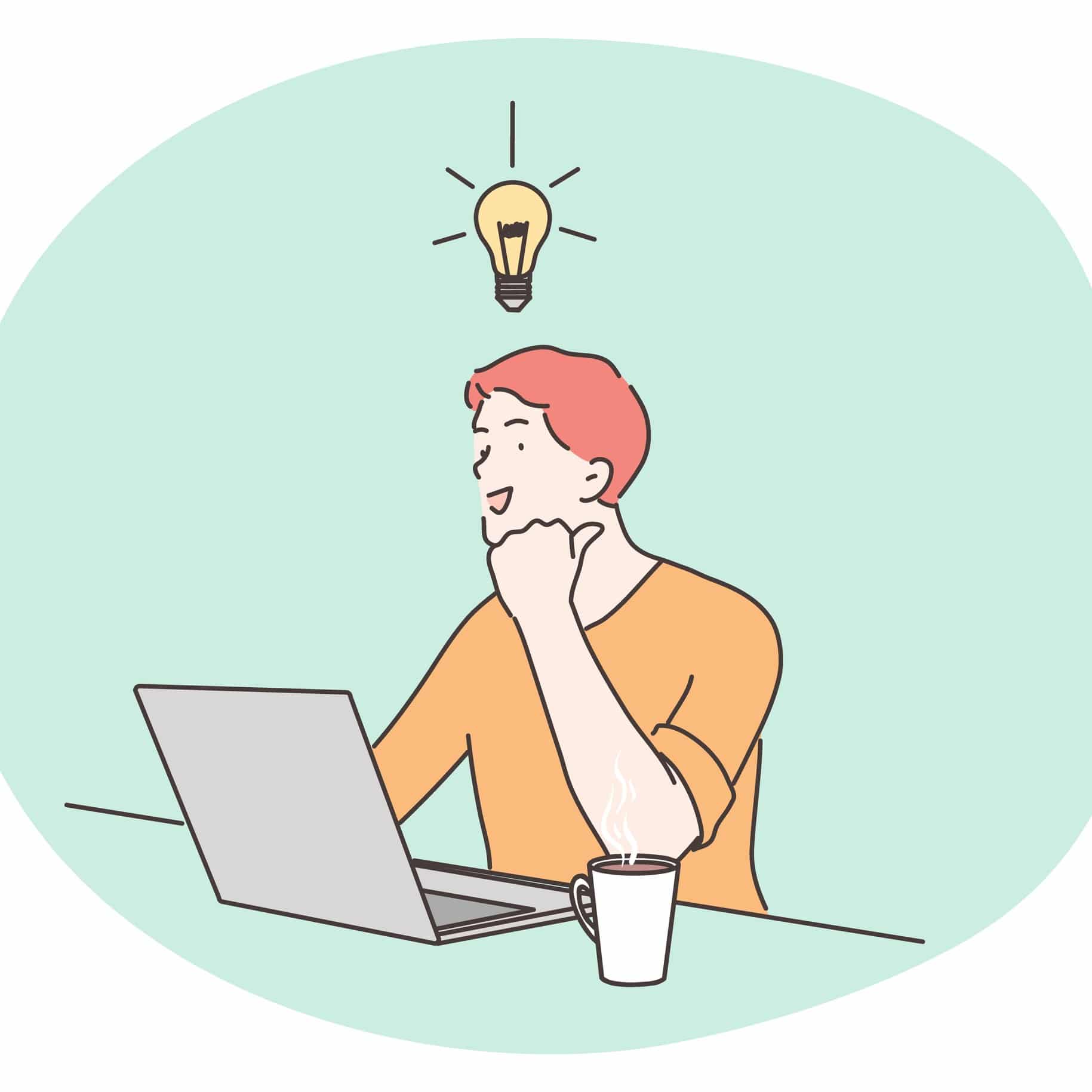 Cartoon of man with red hair and orange shirt, sitting in front of grey laptop and white beverage cup. Background is mint green. Has lightbulb flashing above his head, signifying an idea or thought.