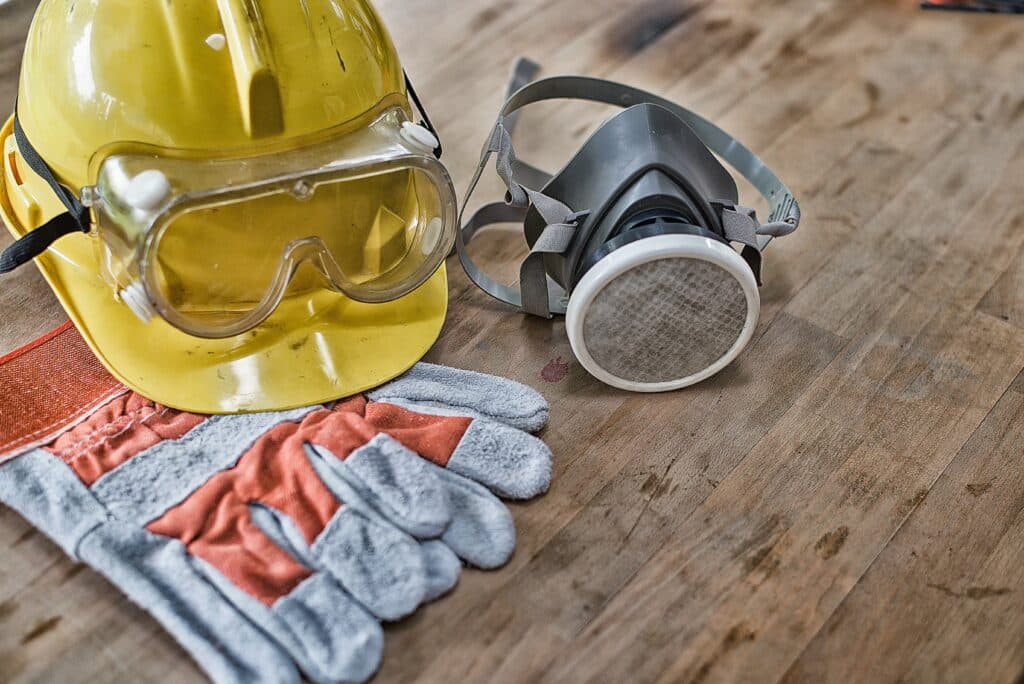 top view of personal protective equipment hardhat, googles, respirator, and gloves