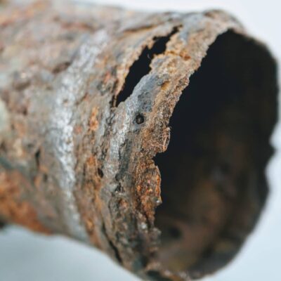 Rusted and cracked cast iron plumbing pipe