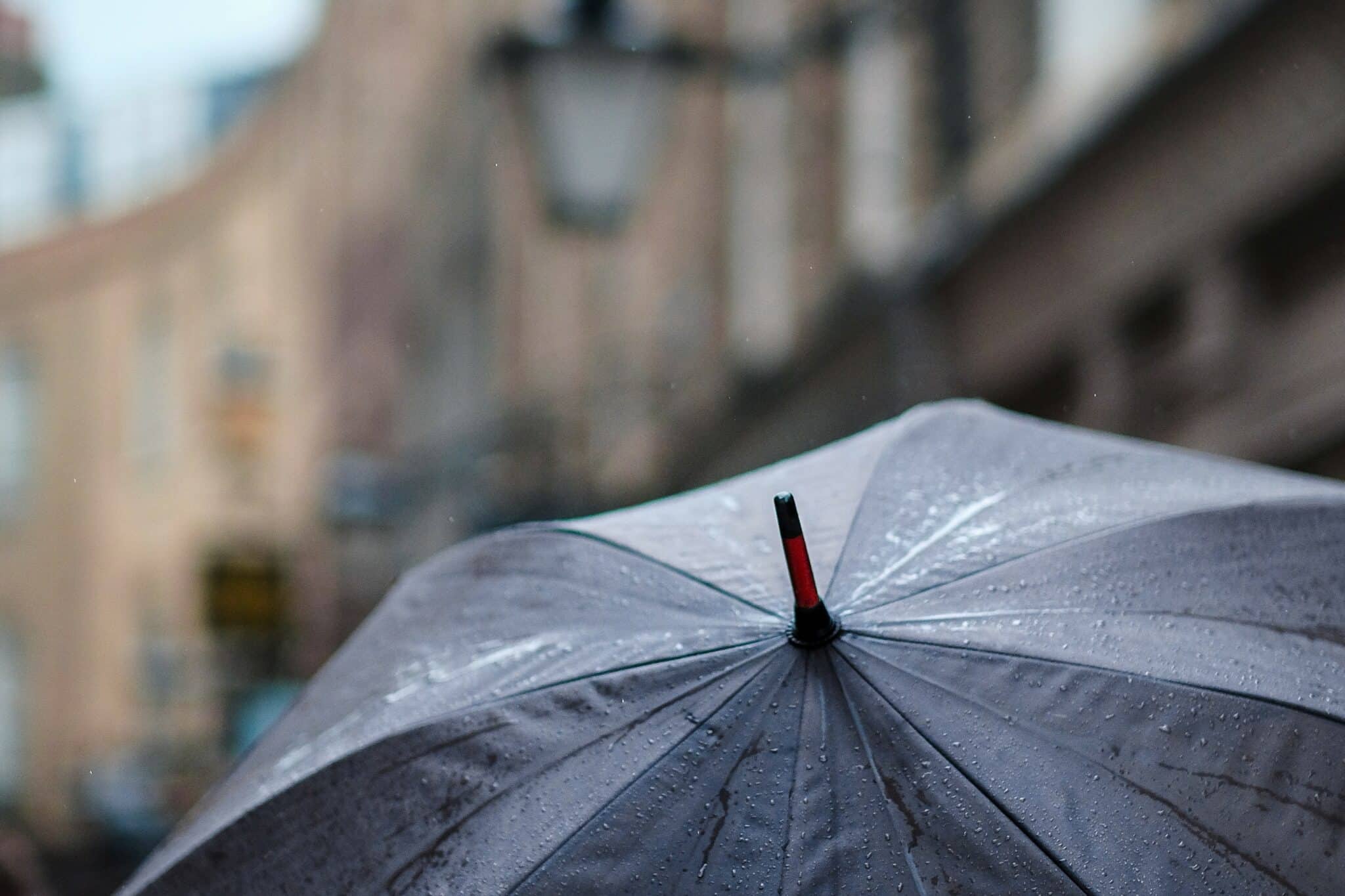 black umbrella with buildings in background