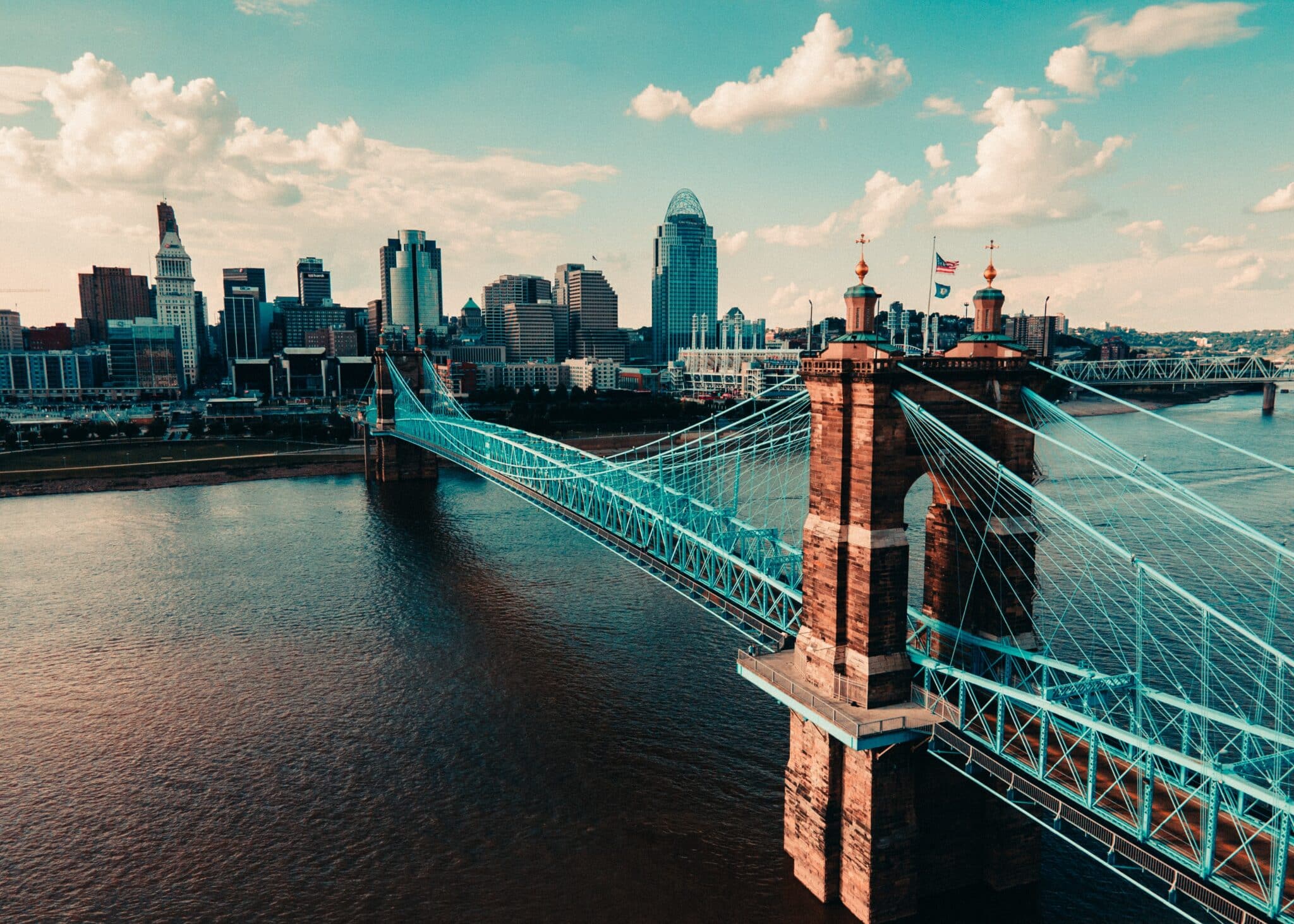 Cityscape of Cincinnati's Roebling bridge