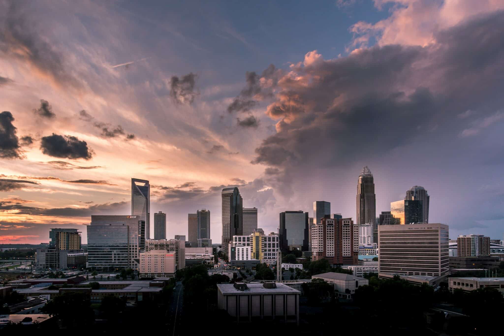 City skyline view of Charlotte, North Carolina at sunset