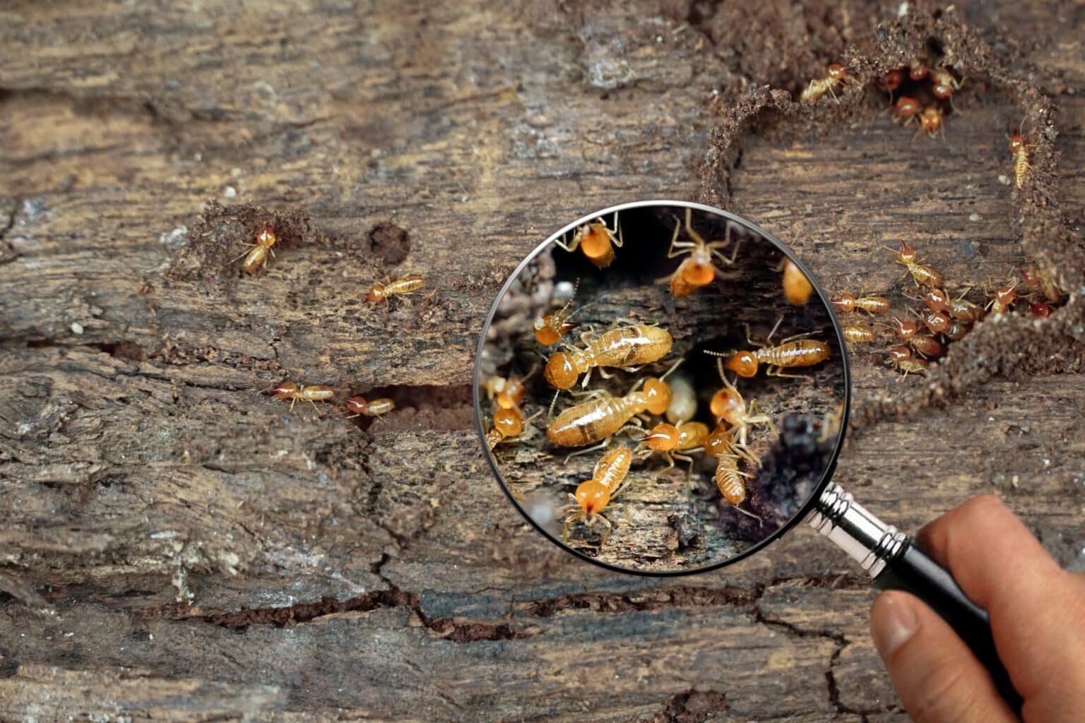 Magnifying glass hovering over wood, revealing up-close termites through a termite inspection.