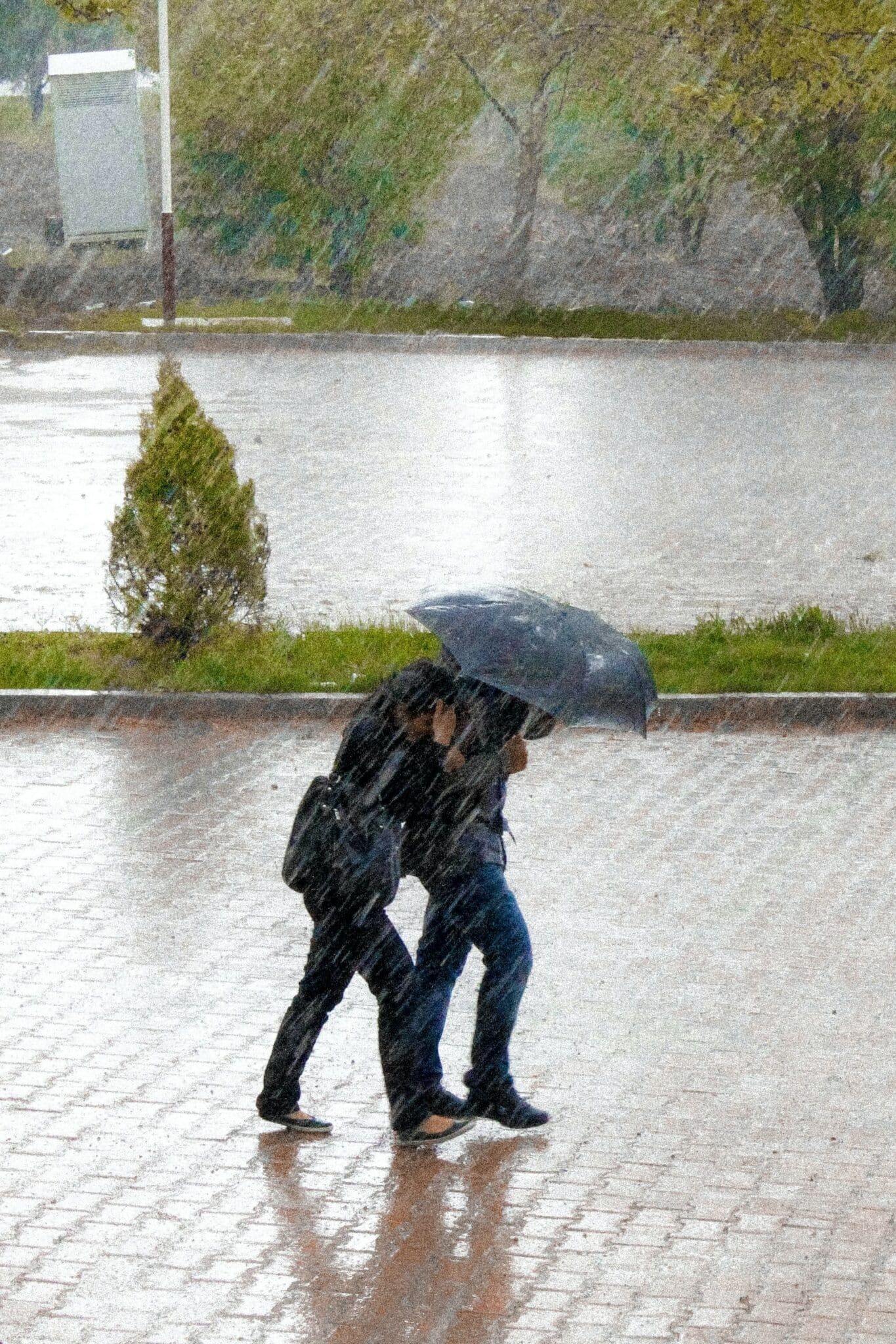 Two people huddled under an umbrella and walking against a heavy downpour. Illustrates wind and rain, two challenges you might face while doing a home inspection in bad weather.