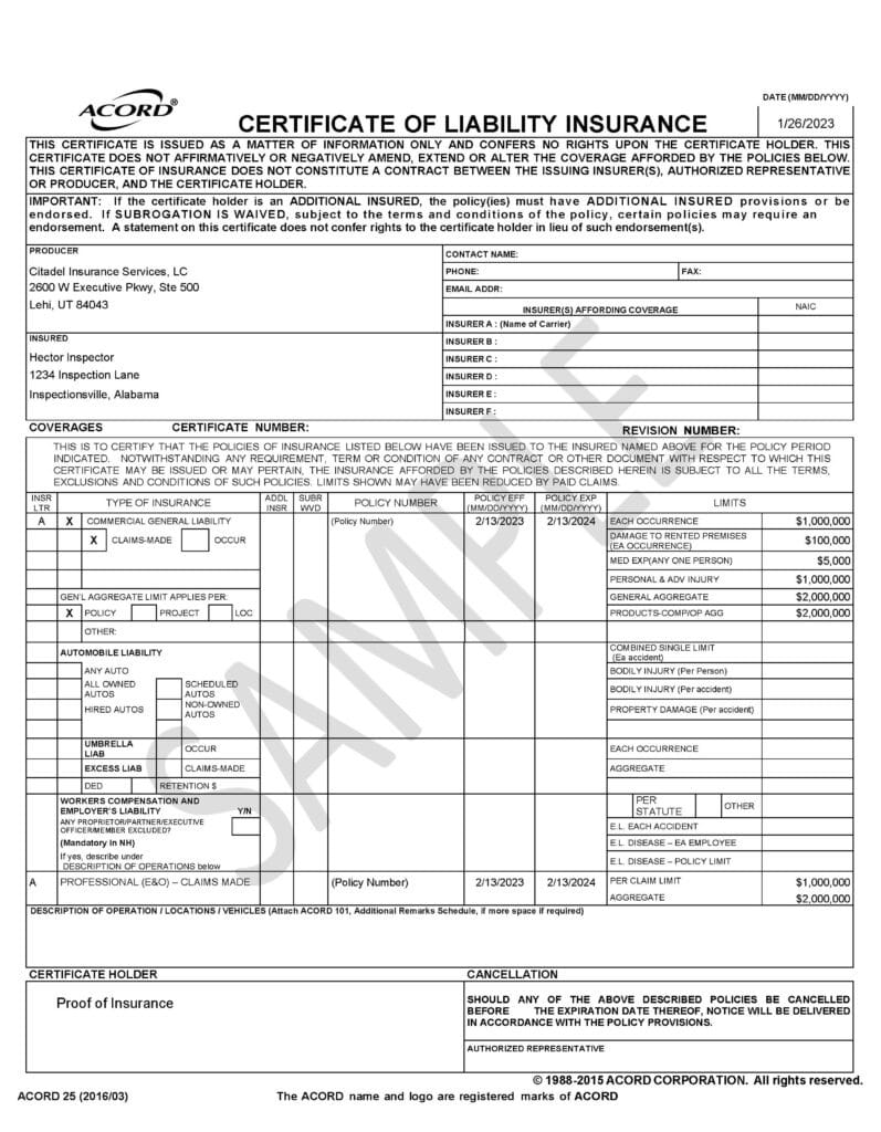 certificate of insurance example