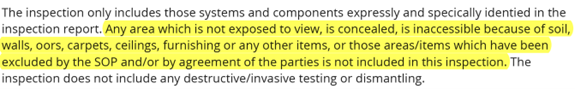 Screenshot of inaccessible areas disclaimer from inspector's agreement