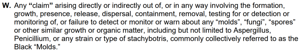 screenshot of mold exclusion in home inspector insurance policy