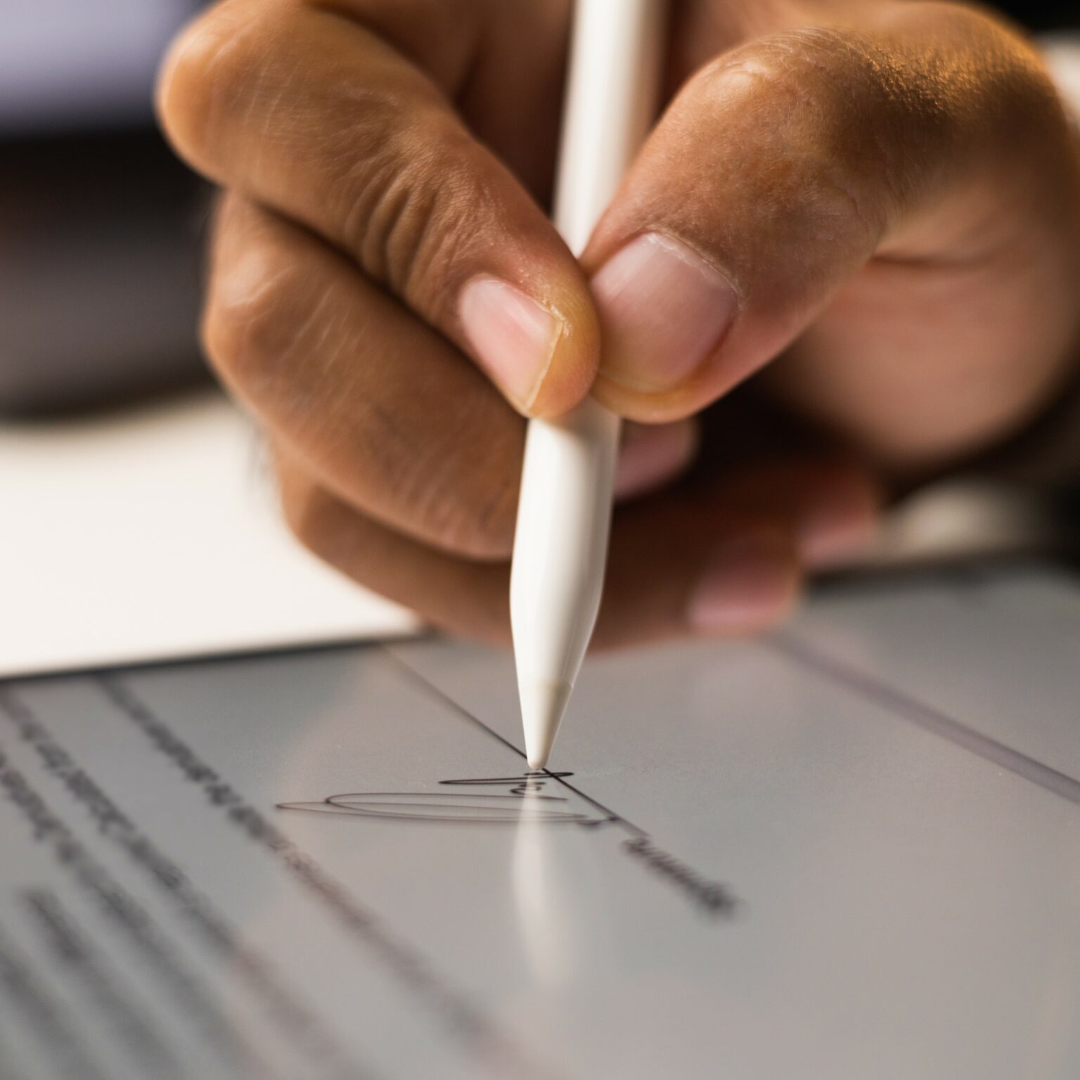 Close-up image of person's hand holding a stylus pen and signing paperwork on a tablet screen. References a real estate agent and home inspector pre-inspection agreement being signed.