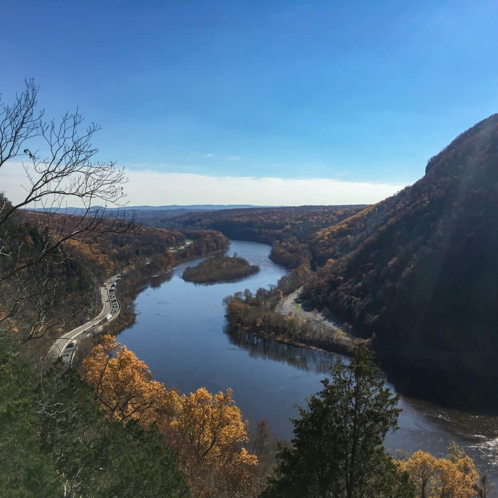 River running through a mountain, a.k.a. the Delaware Water Gap, looking down from the top of Mt. Tammany.