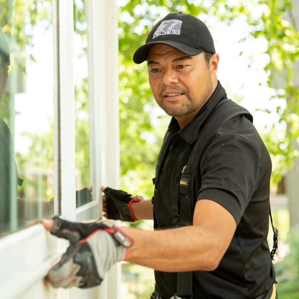 Man in black baseball cap and polo inspects a home's window from the outside.