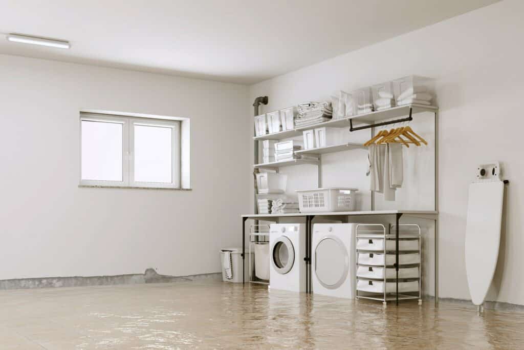 Basement laundry room with at least an inch of water covering the floor, and signs of water damage where the walls meet the floor. Illustrating the kind of flooding discussed in this water damage claim.
