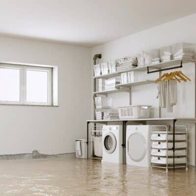 Basement laundry room with at least an inch of water covering the floor, and signs of water damage where the walls meet the floor. Illustrating the kind of flooding discussed in this water damage claim.