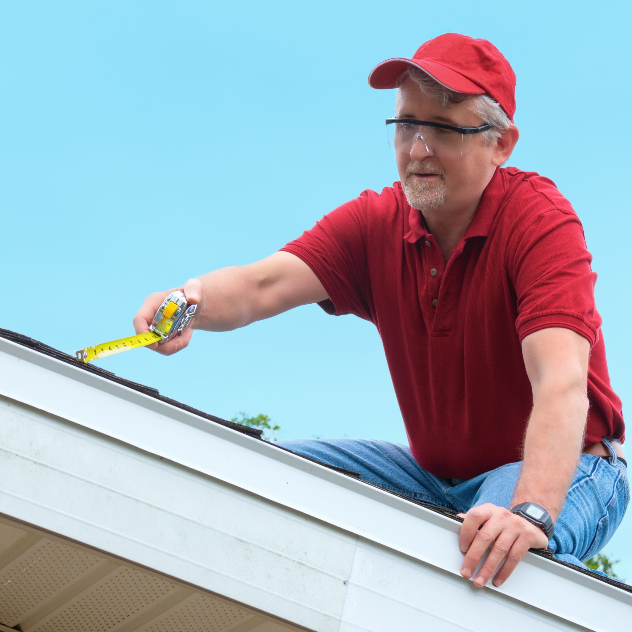 A wind mitigation inspector measures a roof.