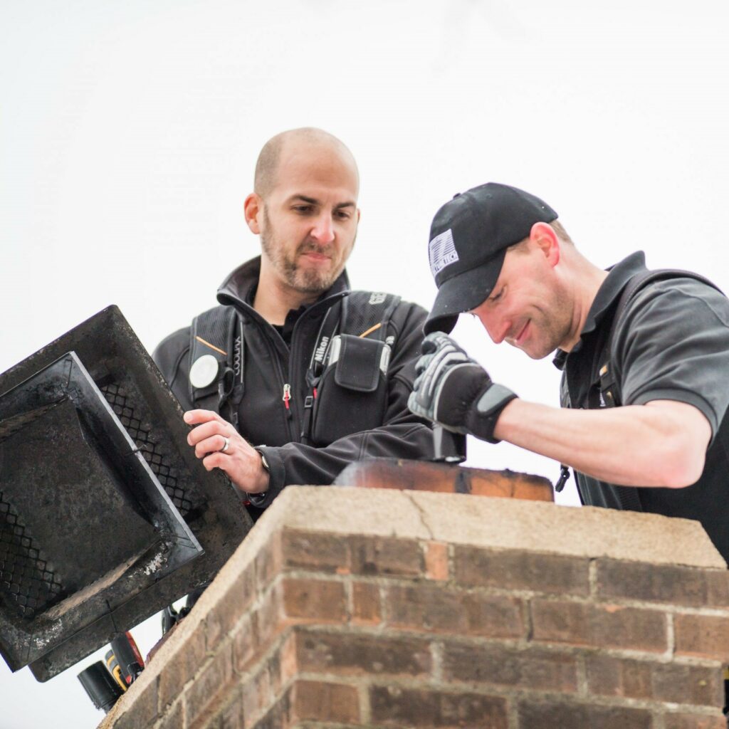 Two Structure Tech home inspectors looking inside a chimney from the roof.