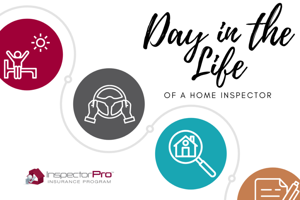 Graphic featuring icons for waking up, driving, inspecting, and writing reports, all signifying typical home inspector duties.