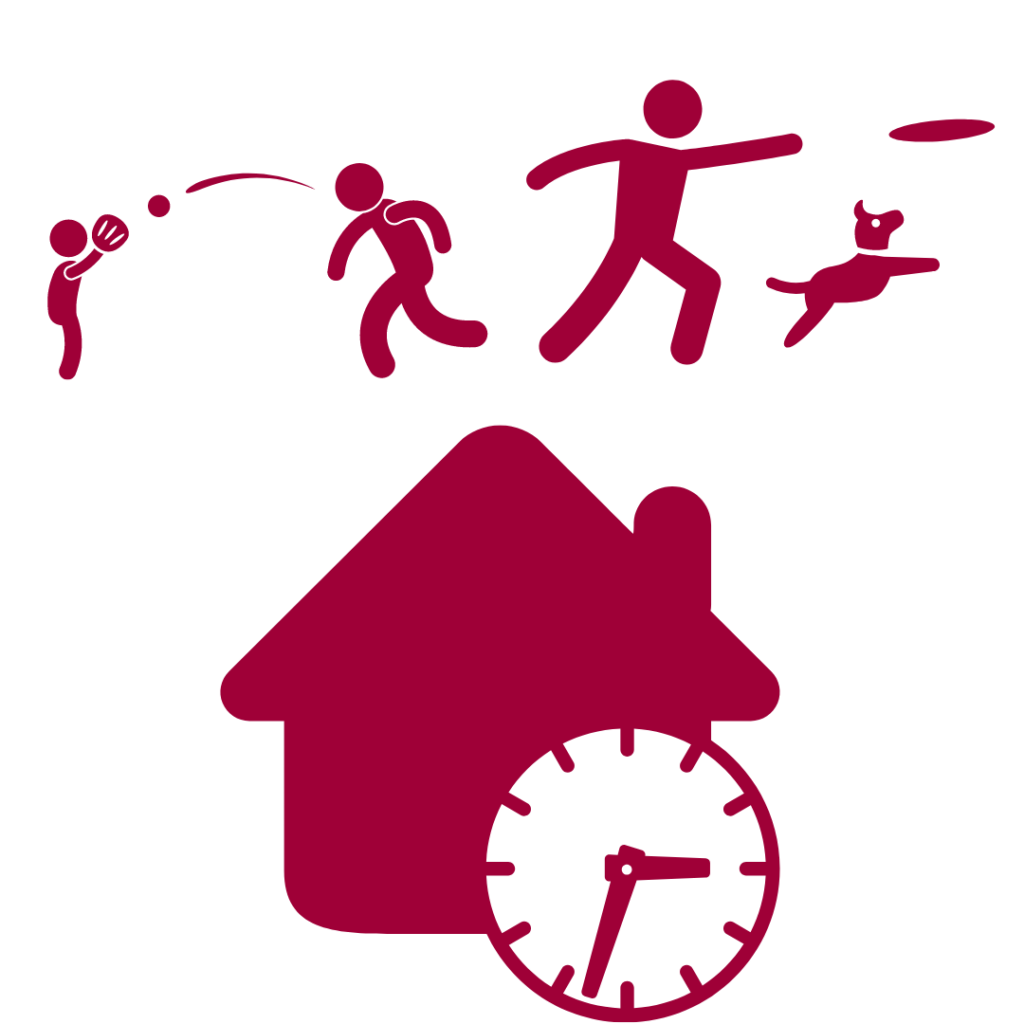 Red icons featuring house with clock, person throwing ball to child, and person throwing toy for dog.