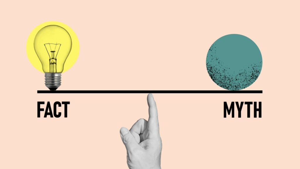 Straight line, balanced in the middle by a sketch of a hand pointing the index feature. On one side is a light bulb labeled “FACT,” the other is a sphere labeled “Myth.” Used to illustrate the insurance myths debunked and insurance facts about reporting claims in a timely manner.
