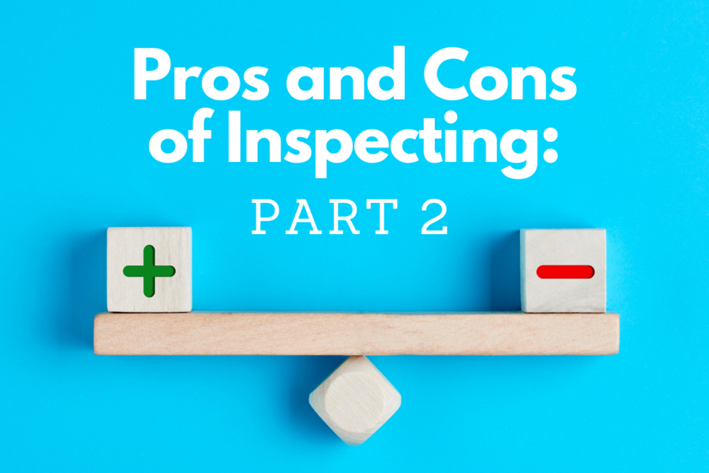 A wooden block balance beam with two smaller blocks, one on the left side with a green plus sign, and one on the right with a red minus sign. Background is light blue. Indicates all the things to consider when choosing a job as a home inspector, both pros and cons.