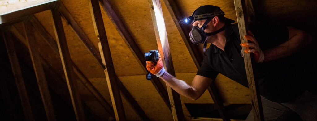 A home inspector leans into an attic space while holding out a camera to document potential defects. Photo courtesy of Structure Tech.